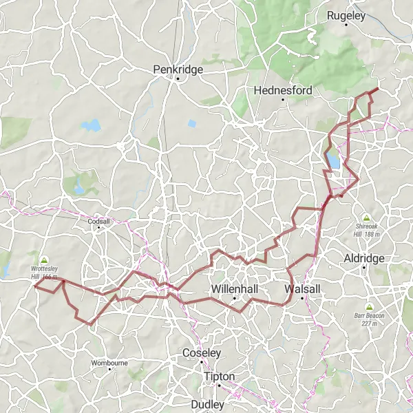 Map miniature of "Pelsall Gravel Loop" cycling inspiration in Shropshire and Staffordshire, United Kingdom. Generated by Tarmacs.app cycling route planner