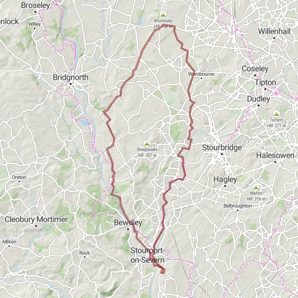 Map miniature of "Pattingham to Bewdley Gravel Adventure" cycling inspiration in Shropshire and Staffordshire, United Kingdom. Generated by Tarmacs.app cycling route planner