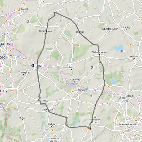 Map miniature of "Pattingham Beckbury Route" cycling inspiration in Shropshire and Staffordshire, United Kingdom. Generated by Tarmacs.app cycling route planner