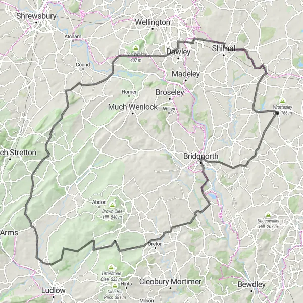 Map miniature of "Pattingham to Bridgnorth Loop" cycling inspiration in Shropshire and Staffordshire, United Kingdom. Generated by Tarmacs.app cycling route planner