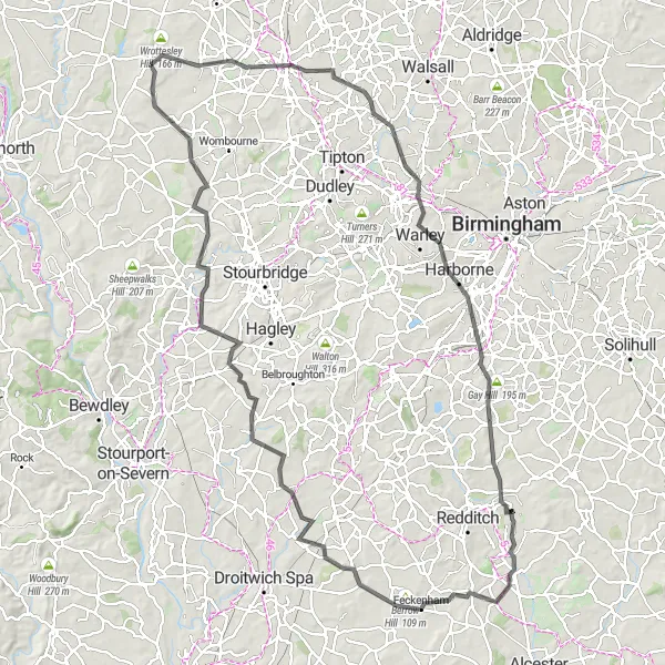 Map miniature of "Pattingham to Wolverhampton Scenic Ride" cycling inspiration in Shropshire and Staffordshire, United Kingdom. Generated by Tarmacs.app cycling route planner