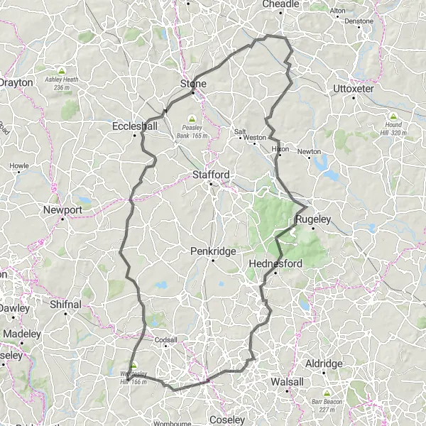 Map miniature of "Pattingham to Wolverhampton Loop" cycling inspiration in Shropshire and Staffordshire, United Kingdom. Generated by Tarmacs.app cycling route planner