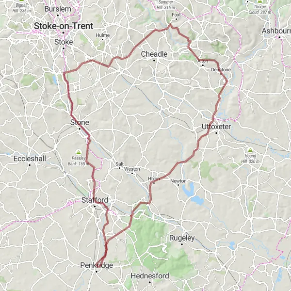 Map miniature of "Gravel Adventure in Shropshire and Staffordshire" cycling inspiration in Shropshire and Staffordshire, United Kingdom. Generated by Tarmacs.app cycling route planner