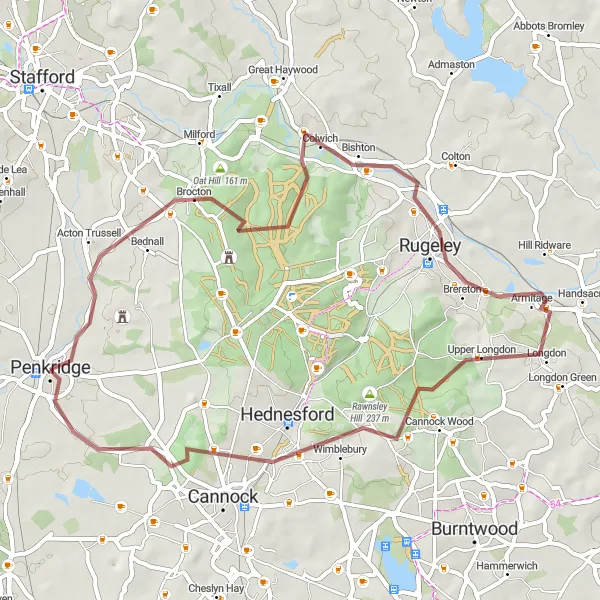 Map miniature of "The Gravel Adventure" cycling inspiration in Shropshire and Staffordshire, United Kingdom. Generated by Tarmacs.app cycling route planner