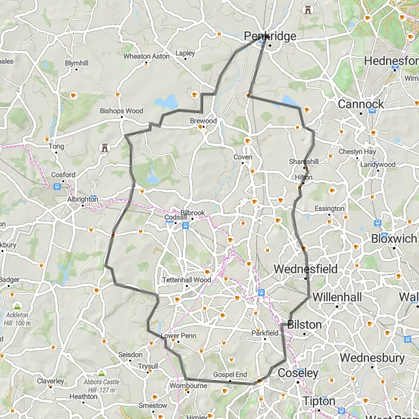 Map miniature of "Grand Staffordshire Loop" cycling inspiration in Shropshire and Staffordshire, United Kingdom. Generated by Tarmacs.app cycling route planner