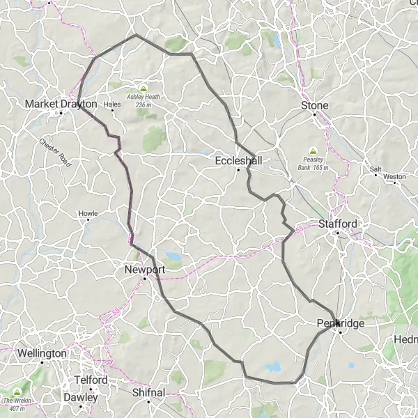Map miniature of "The Shropshire Hills Road Loop" cycling inspiration in Shropshire and Staffordshire, United Kingdom. Generated by Tarmacs.app cycling route planner
