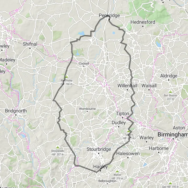 Map miniature of "Hills and Views Ride" cycling inspiration in Shropshire and Staffordshire, United Kingdom. Generated by Tarmacs.app cycling route planner