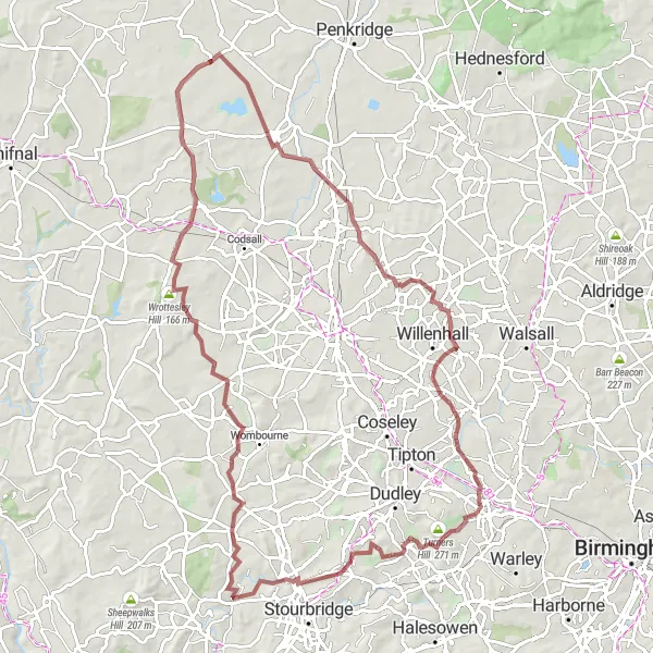 Map miniature of "Brewood Gravel Adventure" cycling inspiration in Shropshire and Staffordshire, United Kingdom. Generated by Tarmacs.app cycling route planner