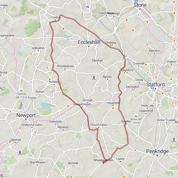 Map miniature of "Gnosall Gravel Loop" cycling inspiration in Shropshire and Staffordshire, United Kingdom. Generated by Tarmacs.app cycling route planner