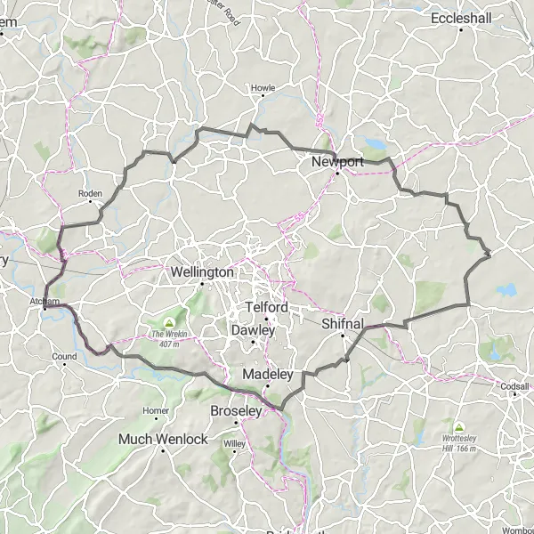 Map miniature of "The Shropshire Escape" cycling inspiration in Shropshire and Staffordshire, United Kingdom. Generated by Tarmacs.app cycling route planner