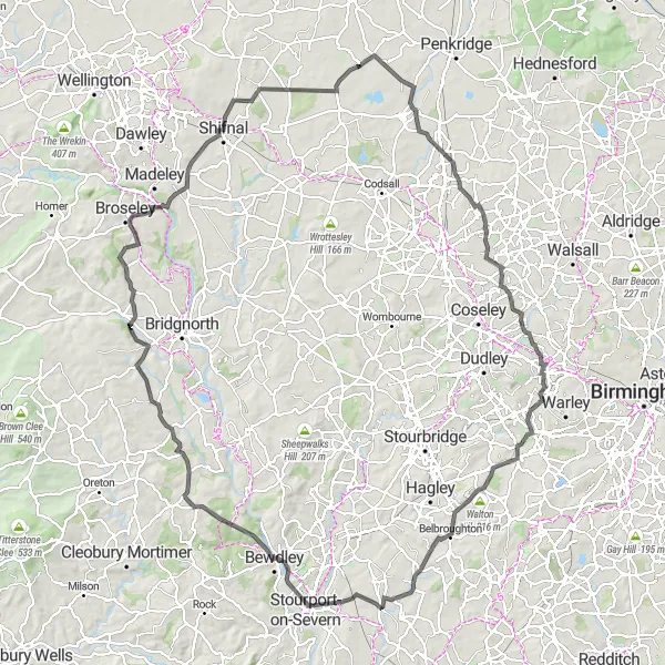 Map miniature of "Stunning Shropshire Challenge" cycling inspiration in Shropshire and Staffordshire, United Kingdom. Generated by Tarmacs.app cycling route planner