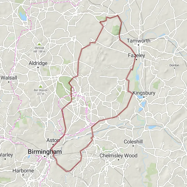 Map miniature of "Fazeley and Curdworth Gravel Adventure" cycling inspiration in Shropshire and Staffordshire, United Kingdom. Generated by Tarmacs.app cycling route planner
