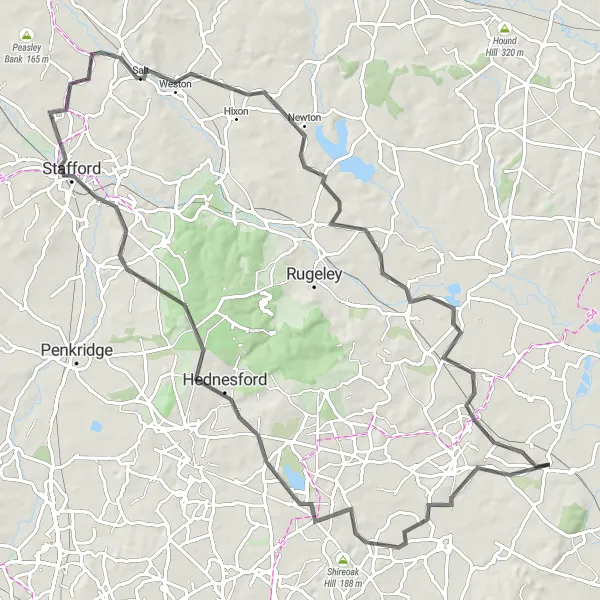 Map miniature of "Undulating Staffordshire" cycling inspiration in Shropshire and Staffordshire, United Kingdom. Generated by Tarmacs.app cycling route planner