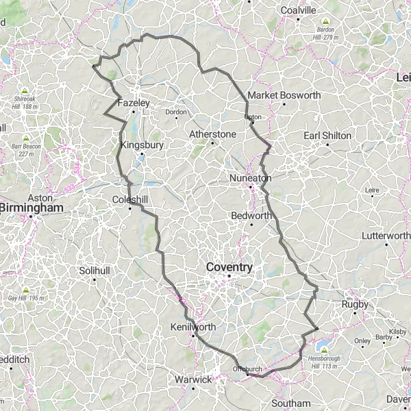 Map miniature of "Historic Warwickshire" cycling inspiration in Shropshire and Staffordshire, United Kingdom. Generated by Tarmacs.app cycling route planner