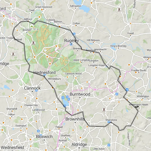 Map miniature of "Whittington to Rugeley Loop via Weeford" cycling inspiration in Shropshire and Staffordshire, United Kingdom. Generated by Tarmacs.app cycling route planner