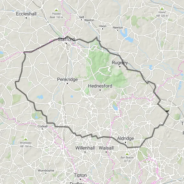 Map miniature of "Staffordshire Countryside" cycling inspiration in Shropshire and Staffordshire, United Kingdom. Generated by Tarmacs.app cycling route planner