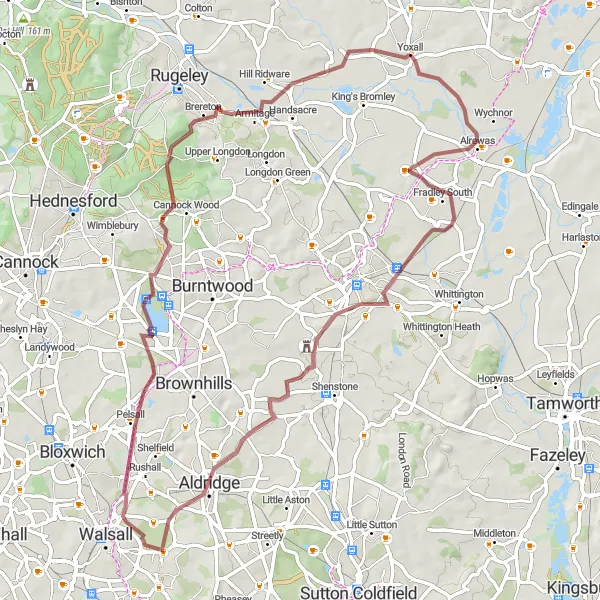 Map miniature of "Scenic Gravel Loop" cycling inspiration in Shropshire and Staffordshire, United Kingdom. Generated by Tarmacs.app cycling route planner