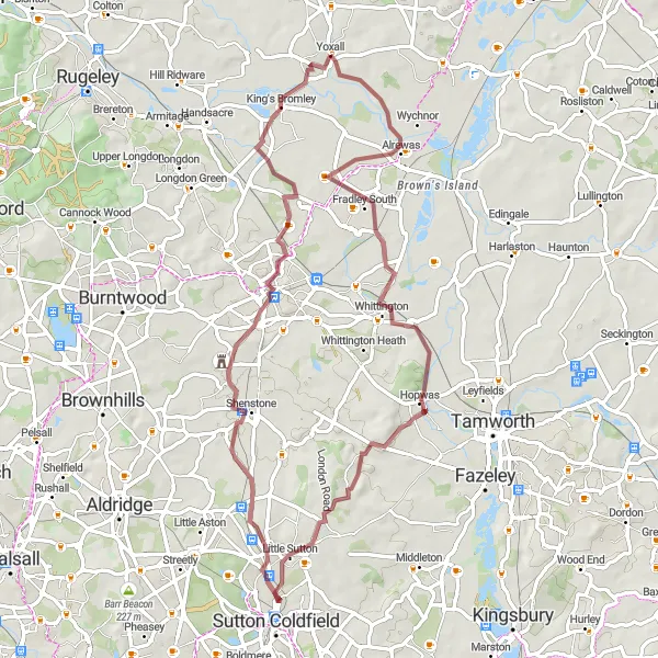 Map miniature of "Alrewas Gravel Adventure" cycling inspiration in Shropshire and Staffordshire, United Kingdom. Generated by Tarmacs.app cycling route planner