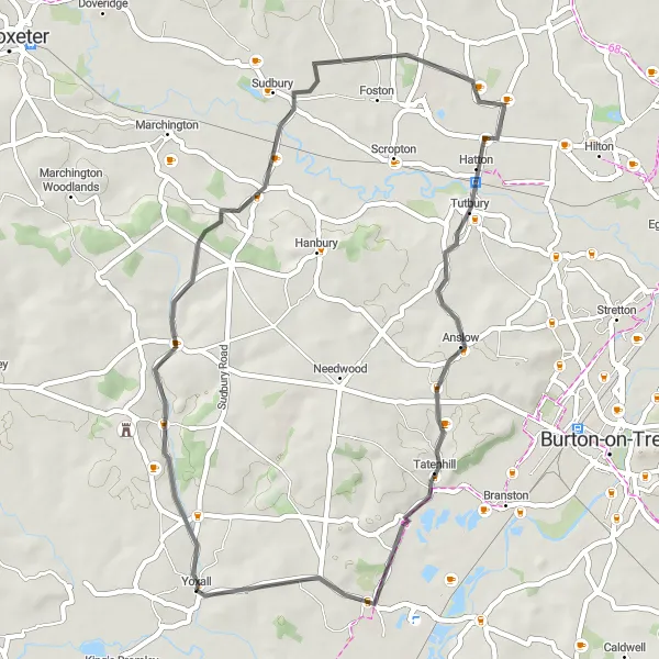 Map miniature of "Hoar Cross Circular Road Route" cycling inspiration in Shropshire and Staffordshire, United Kingdom. Generated by Tarmacs.app cycling route planner