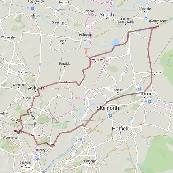 Map miniature of "Discovering Carcroft and Thorne" cycling inspiration in South Yorkshire, United Kingdom. Generated by Tarmacs.app cycling route planner