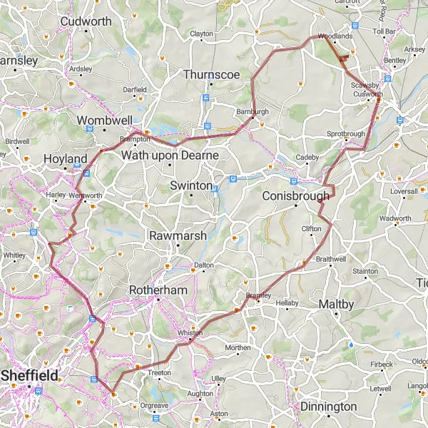 Map miniature of "Adwick le Street Gravel Delight" cycling inspiration in South Yorkshire, United Kingdom. Generated by Tarmacs.app cycling route planner