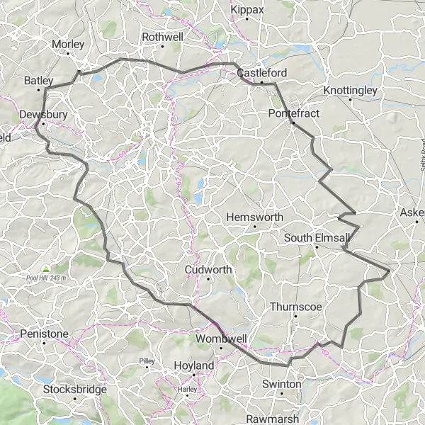 Map miniature of "Adwick le Street to Castleford Loop" cycling inspiration in South Yorkshire, United Kingdom. Generated by Tarmacs.app cycling route planner