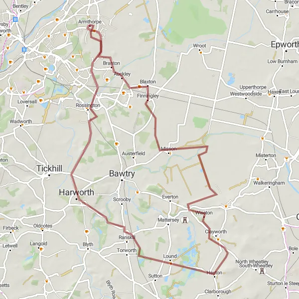 Map miniature of "The Gravel Tour" cycling inspiration in South Yorkshire, United Kingdom. Generated by Tarmacs.app cycling route planner