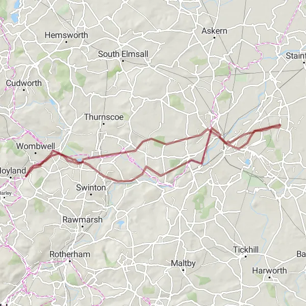 Map miniature of "Countryside Gravel Ride: Armthorpe to Doncaster" cycling inspiration in South Yorkshire, United Kingdom. Generated by Tarmacs.app cycling route planner