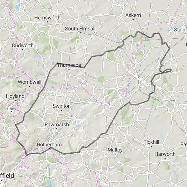 Map miniature of "Scenic Road Trip: Armthorpe to Barnby Dun" cycling inspiration in South Yorkshire, United Kingdom. Generated by Tarmacs.app cycling route planner