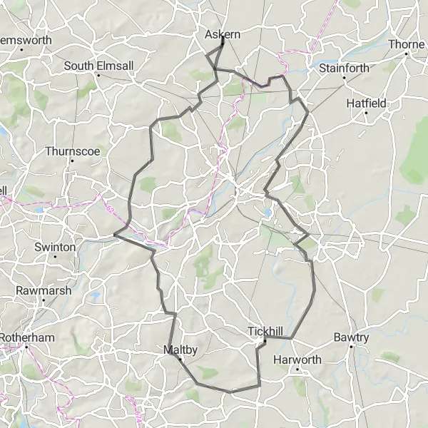 Map miniature of "Historic Doncaster Circuit" cycling inspiration in South Yorkshire, United Kingdom. Generated by Tarmacs.app cycling route planner