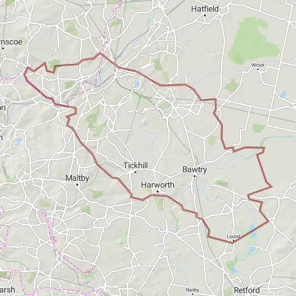 Map miniature of "Discover the Gravel Gems of South Yorkshire" cycling inspiration in South Yorkshire, United Kingdom. Generated by Tarmacs.app cycling route planner