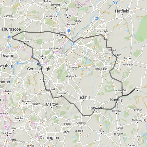 Map miniature of "Doncaster Challenge" cycling inspiration in South Yorkshire, United Kingdom. Generated by Tarmacs.app cycling route planner