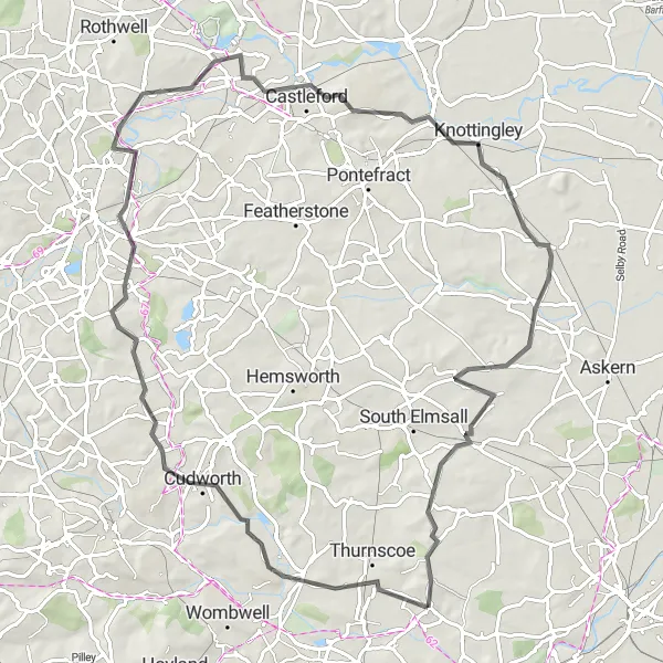 Map miniature of "Round Barnburgh - Cudworth - Castleford - Knottingley - Hooton Pagnell" cycling inspiration in South Yorkshire, United Kingdom. Generated by Tarmacs.app cycling route planner