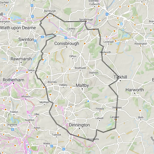 Map miniature of "Scenic Loop from Barnburgh - Warmsworth - Tickhill - Woodsetts - Thurcroft - Mexborough" cycling inspiration in South Yorkshire, United Kingdom. Generated by Tarmacs.app cycling route planner