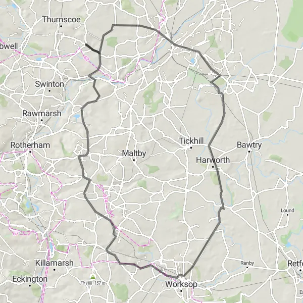 Map miniature of "Challenging Loop from Barnburgh - Doncaster - Blyth - Worksop - Wickersley - Denaby Main" cycling inspiration in South Yorkshire, United Kingdom. Generated by Tarmacs.app cycling route planner