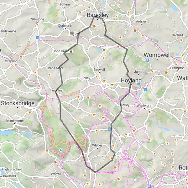 Map miniature of "The Stone Circle Adventure" cycling inspiration in South Yorkshire, United Kingdom. Generated by Tarmacs.app cycling route planner