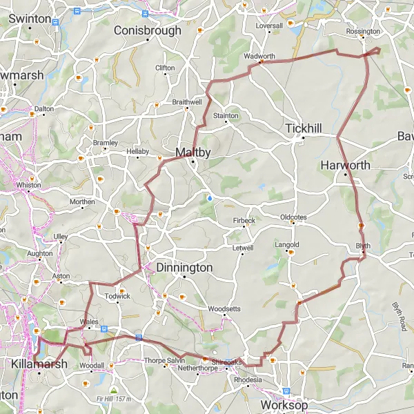 Map miniature of "Off the Beaten Path" cycling inspiration in South Yorkshire, United Kingdom. Generated by Tarmacs.app cycling route planner