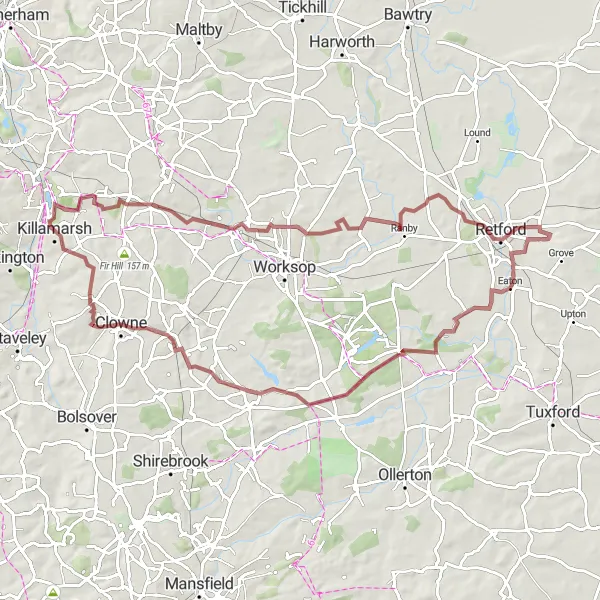 Map miniature of "Discovering Gravel Roads" cycling inspiration in South Yorkshire, United Kingdom. Generated by Tarmacs.app cycling route planner