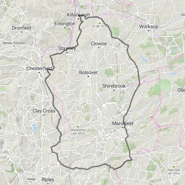Map miniature of "Exploring the Nottinghamshire Countryside" cycling inspiration in South Yorkshire, United Kingdom. Generated by Tarmacs.app cycling route planner