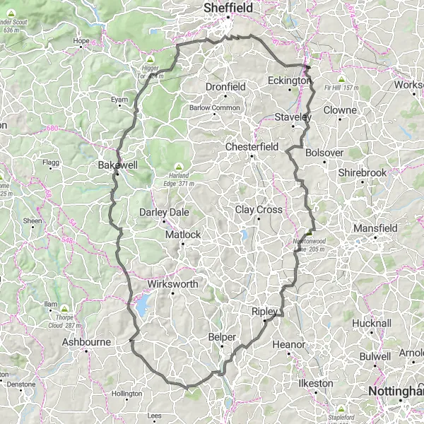 Map miniature of "Ultimate Cycling Challenge in the Peaks" cycling inspiration in South Yorkshire, United Kingdom. Generated by Tarmacs.app cycling route planner