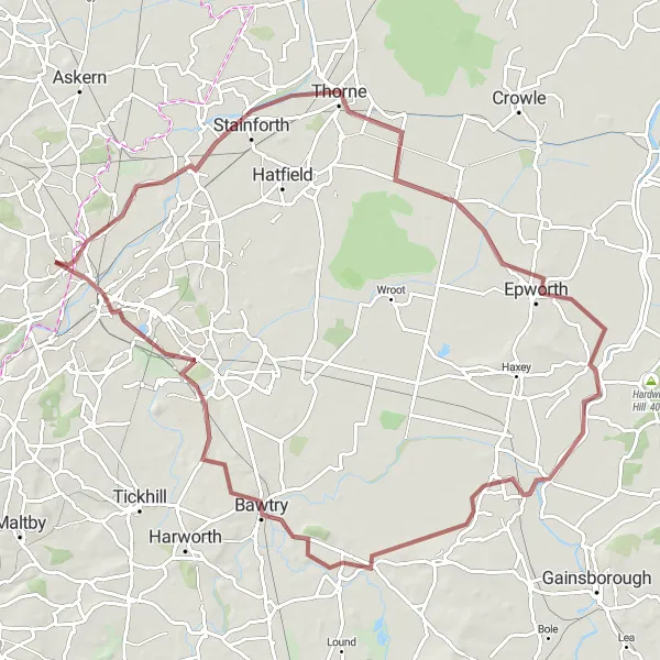 Map miniature of "Scenic Gravel Tour around Bentley" cycling inspiration in South Yorkshire, United Kingdom. Generated by Tarmacs.app cycling route planner