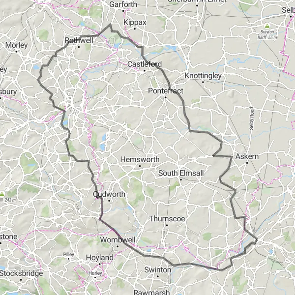 Map miniature of "The Castleford Tour" cycling inspiration in South Yorkshire, United Kingdom. Generated by Tarmacs.app cycling route planner