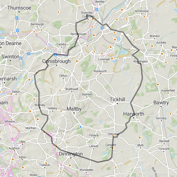 Map miniature of "Cultural Road Ride from Bentley" cycling inspiration in South Yorkshire, United Kingdom. Generated by Tarmacs.app cycling route planner