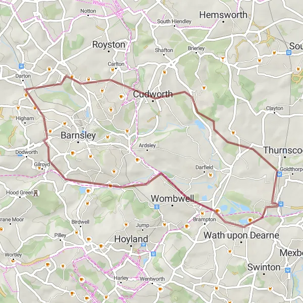 Map miniature of "Taste of Gravel: Wombwell to Great Houghton" cycling inspiration in South Yorkshire, United Kingdom. Generated by Tarmacs.app cycling route planner