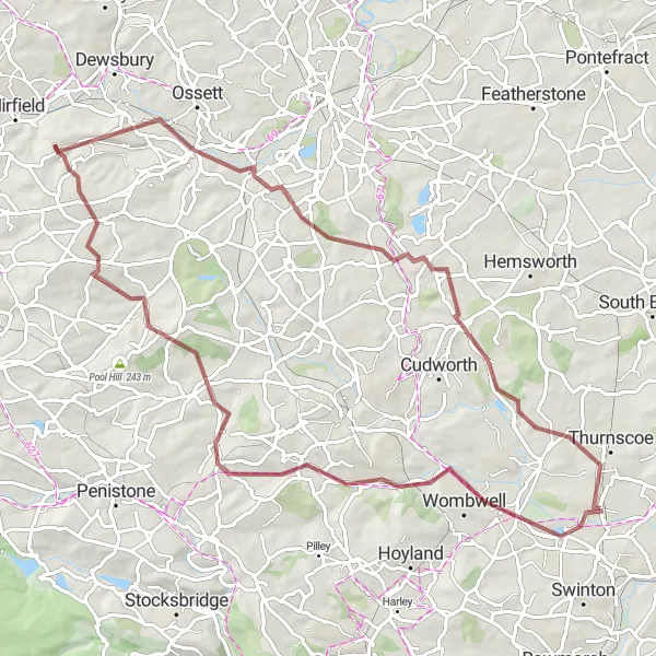 Map miniature of "Scenic Gravel Ride to Notton" cycling inspiration in South Yorkshire, United Kingdom. Generated by Tarmacs.app cycling route planner