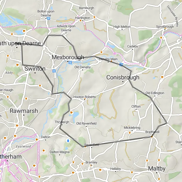 Map miniature of "Swinton and Old Edlington Ride" cycling inspiration in South Yorkshire, United Kingdom. Generated by Tarmacs.app cycling route planner