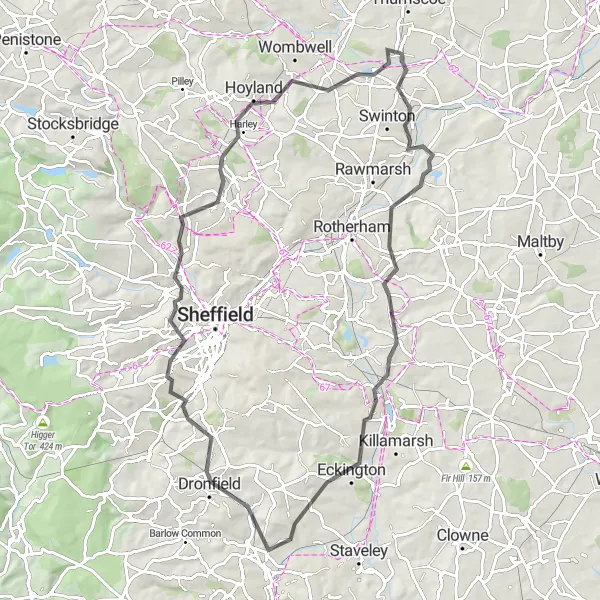 Map miniature of "The Whiston Loop" cycling inspiration in South Yorkshire, United Kingdom. Generated by Tarmacs.app cycling route planner