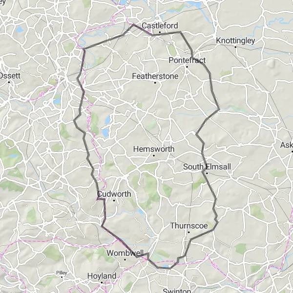 Map miniature of "Royston and Castleford Road Ride" cycling inspiration in South Yorkshire, United Kingdom. Generated by Tarmacs.app cycling route planner