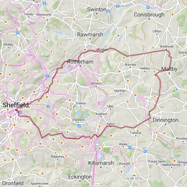 Map miniature of "Rotherham Gravel Loop" cycling inspiration in South Yorkshire, United Kingdom. Generated by Tarmacs.app cycling route planner