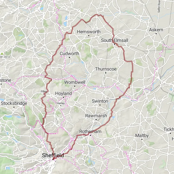 Map miniature of "Scenic Gravel Road Adventure" cycling inspiration in South Yorkshire, United Kingdom. Generated by Tarmacs.app cycling route planner